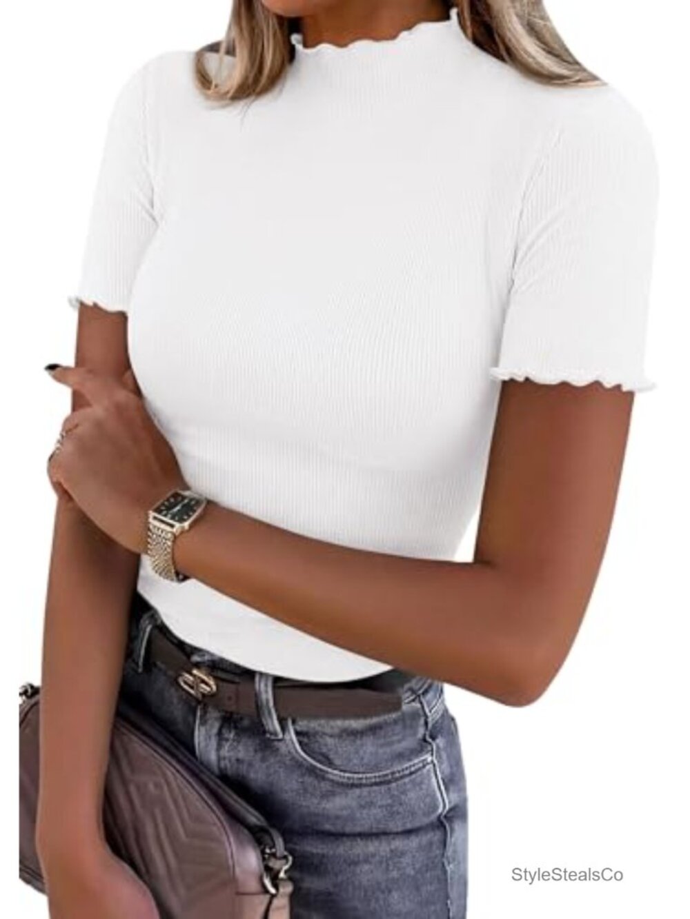 Ribbed Knit Mock Neck Short Sleeve Top Lettuce Trim Slim Fit